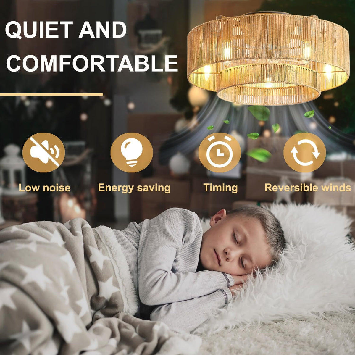 KZT Rattan Deckenventilator mit Beleuchtung und Fernbedienung E27 Deckenleuchte mit Ventilator Retro Boho Bambus Gewebt Lampe mit Ventilator Schlafzimmer Wohnzimmer Deckenventilator mit Licht Ø50CM