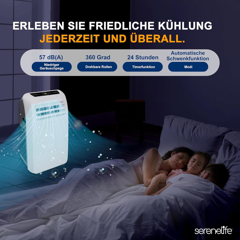 SereneLife Mini Klimaanlage mobil, 3-in-1 mobiles Klimagerät mit Abluftschlauch – Luftkühler, Luftentfeuchter & Ventilator, Air conditioner – 9.000 BTU, 1,5L Feuchtigkeit/Stunde, kühlt Räume bis 42 m2