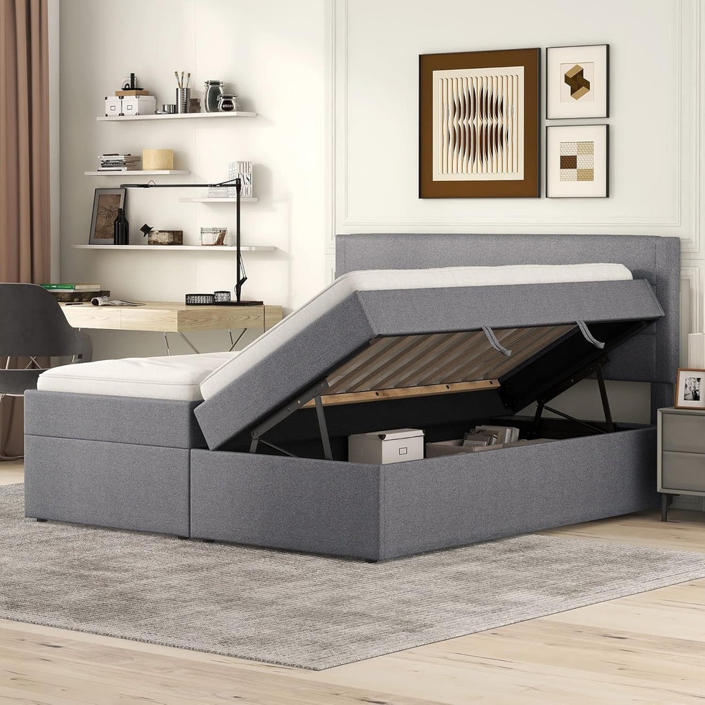Boxspringbett 140x200 mit Bettkasten, Doppelbett Polsterbett mit Lattenrost, Bett, Betten, Bettgestell mit Stauraum, Schlafzimmer Komplett, Stauraumbett (Grau, Doppelbett 140x200), TkopyBed0615
