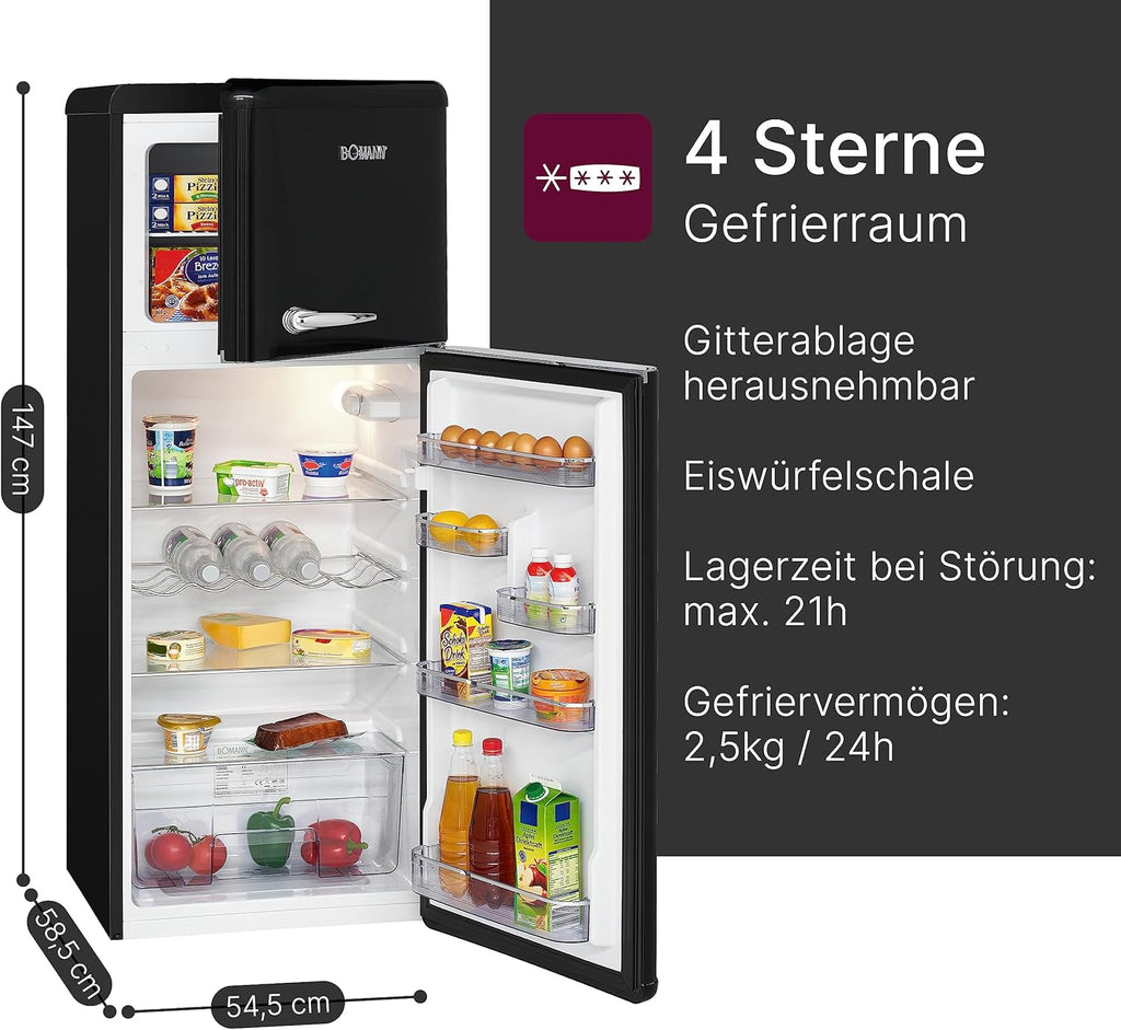 Bomann® Retro Kühlschrank mit Gefrierfach | Energieklasse E | 147cm | 4 Sterne Gefrierfach | Kühl Gefrierkombination leise | 3 Ablagen | 208L Kühlgefrierkombi | DTR 353.1 schwarz