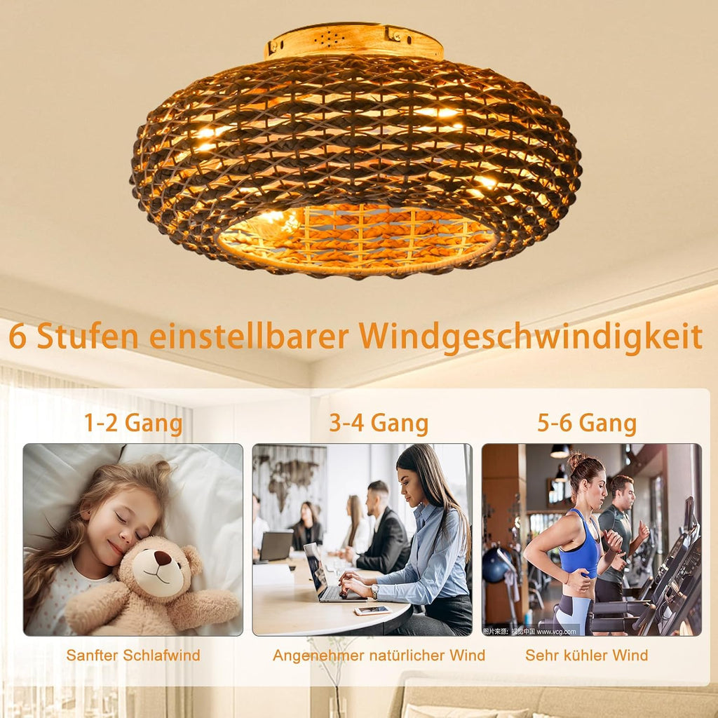 Deckenventilator Mit Beleuchtung Rattan E27 Lampe Mit Ventilator Mit Fernbedienung Und APP Leise 6 Wind Speeds Umkehrbaren Timer Deckenlampe Mit Ventilator Für Wohnzimmer Schlafzimmer Esszimmer ,50cm