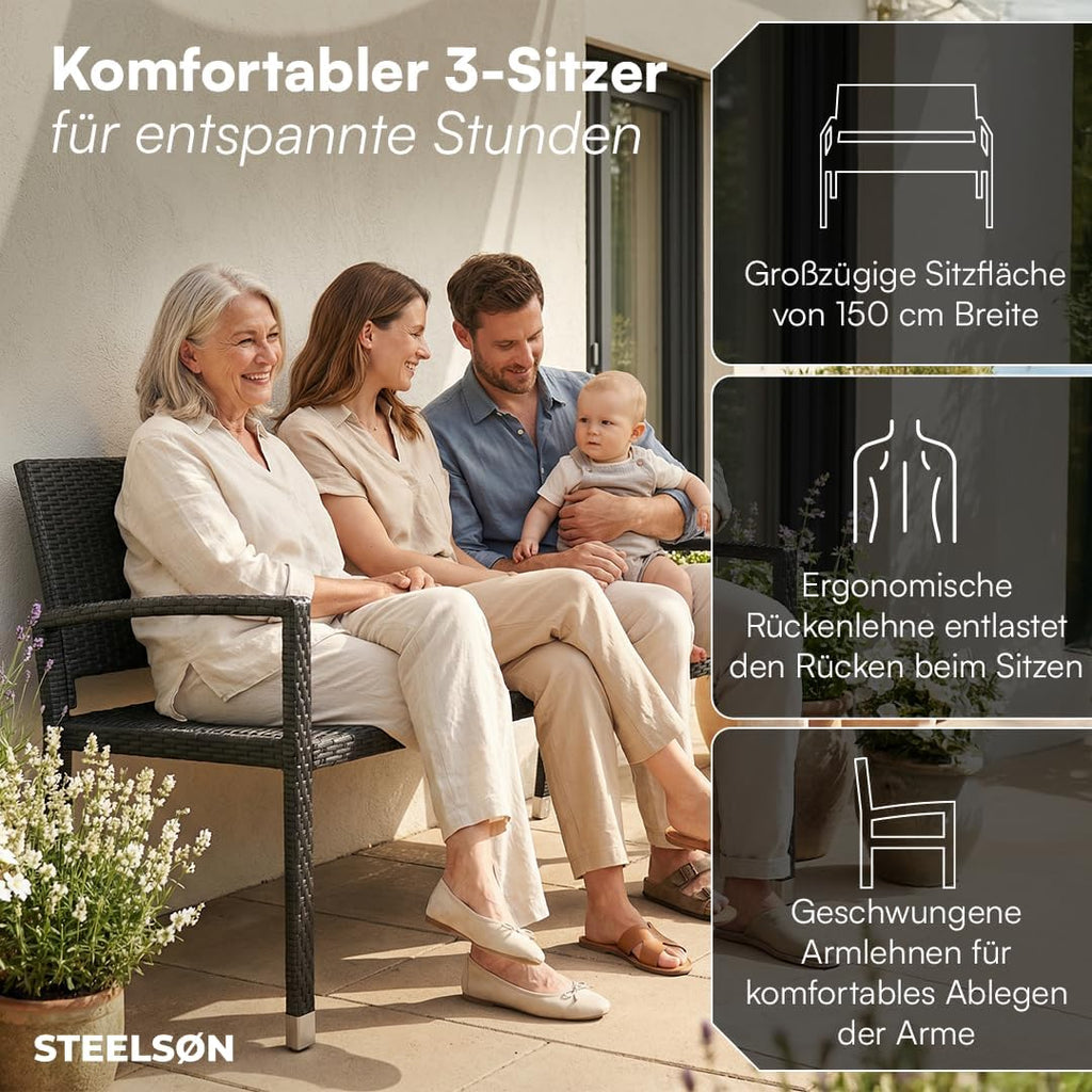 STEELSØN Mirador Gartenbank 3 Sitzer schwarz – Sitzbank Outdoor aus Polyrattan – Balkonbank wetterfest – Rattanbank mit ergonomischer Lehne – Parkbank bis 320kg belastbar – Bank für Garten/Terrasse