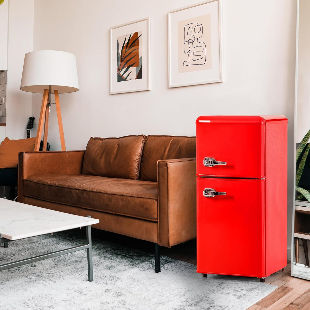 DRIXNO Retro-Kühlschrank Rot Gefrierkombination. 86,8 cm hoch, 45,5 cm breit, zweitürig, mit 60 Liter Gesamtvolumen, 22 Liter Gefriervolumen. 163 kWh/Jahr, -27°C ∽ 13°C, LED-Licht