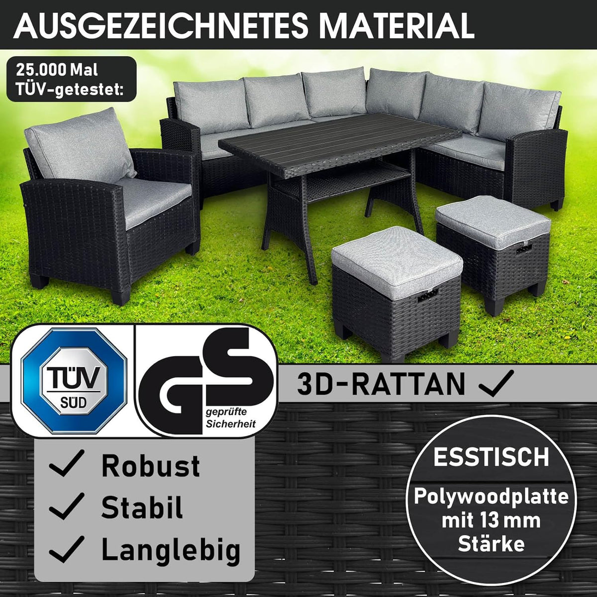BRAST® Gartenmöbel Set Hacienda | bis zu 10 Personen viele Farben | inkl. Kissen & Abdeckung | TÜV geprüft | Outdoor Loungemöbel Sitzgruppe Essgruppe Garnitur | Schwarz/Grau