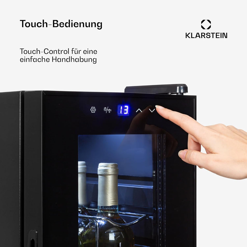 Klarstein Weinkühlschrank, 1 Zonen Getränkekühlschrank Klein, Kleiner Weinschrank 32L, Wein-Kühlschrank Klein mit Glastür, Indoor/Outdoor Flaschenkühlschrank, Wine Fridge 5-18°C, 12 Flaschen