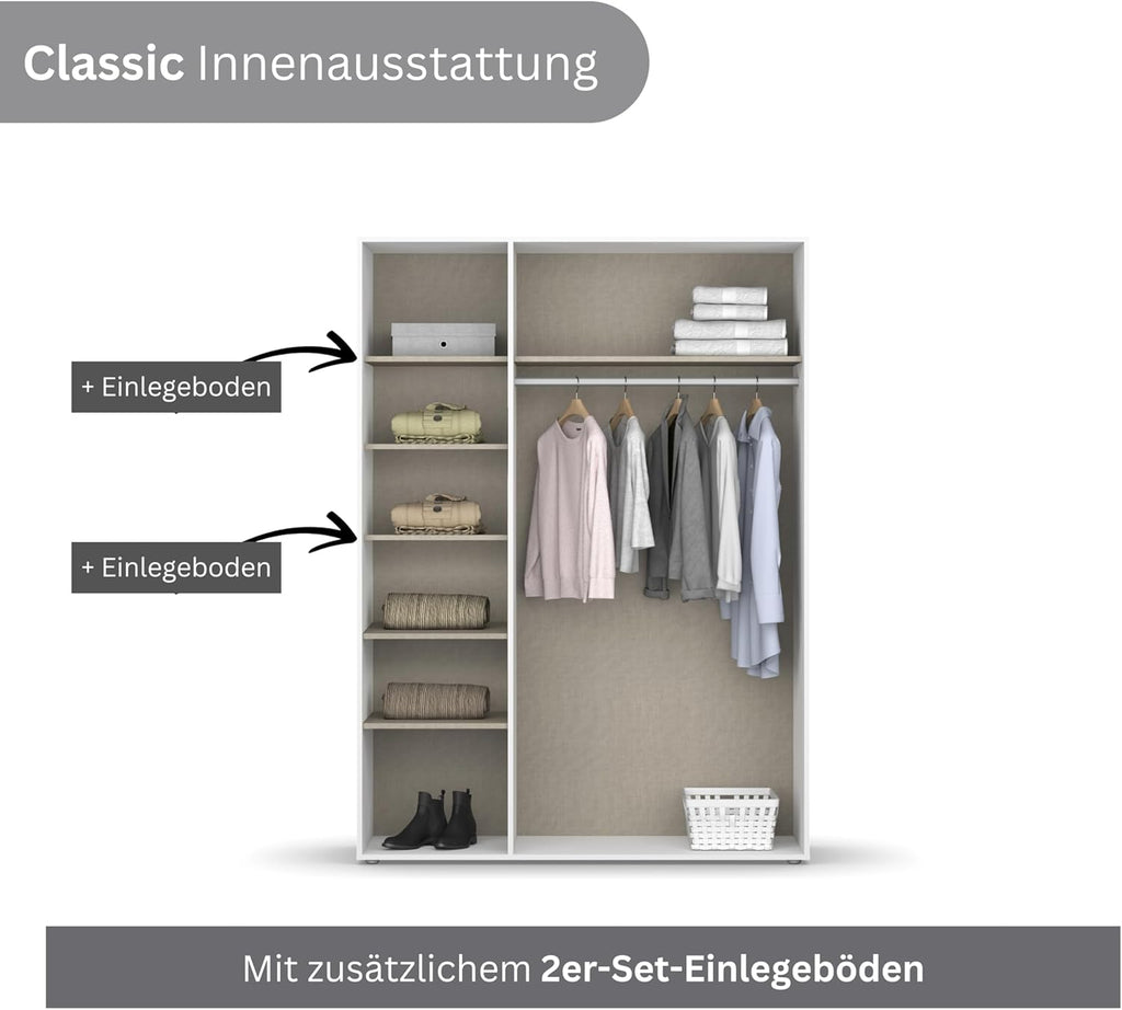 Rauch Möbel Nabila Kleiderschrank für Schlafzimmer, Kinderzimmer, Jugendzimmer, Flur, 3-türig, Push-to-Open, mit Zubehör Classic, Farbe Weiß, Breite 140 cm