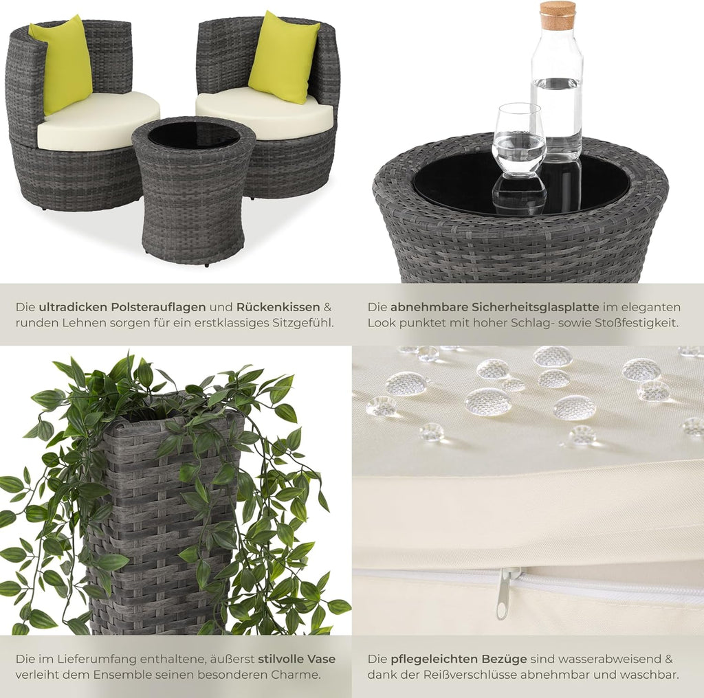 tectake® Rattan Set 2 Personen, Balkonmöbel, Aluminium Gartenmöbel Set, Outdoor Sitzgruppe mit 2X Stuhl, 1 Beistelltisch rund, 1 Vase, platzsparend zusammenschiebbar, mit Polster und Kissen - grau