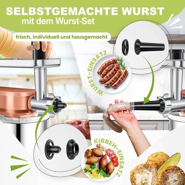 KESSER® Küchenmaschine 3in1 mit Fleischwolf & Mixer, 1500W Knetmaschine 5,5L Rührschüssel + Spritzschutz, 6 Geschwindigkeiten, Knethaken, Schneebesen, Rührhaken & Raspeln, Backen & Kochen, Kupfer