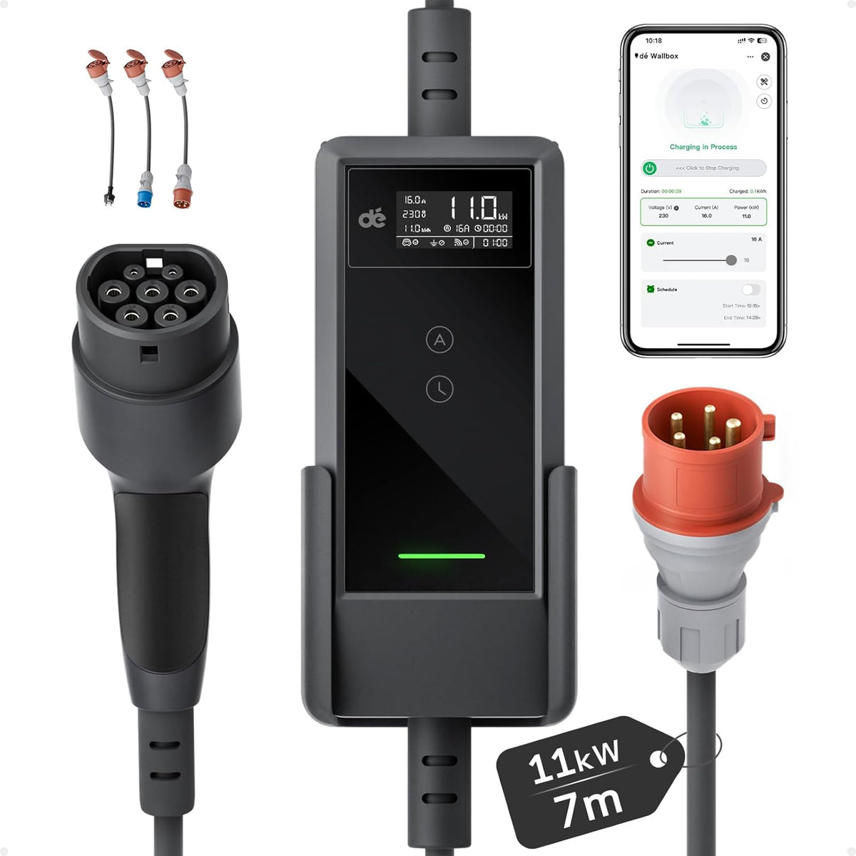 dé Mobile Wallbox 11kW mit APP 7 m | 3-phasig | 6–16 A], mit Traveller Set, CEE-16A 400V auf Typ 2 mit Einstellbarer Ladeleistung, EV-Charger für ID.3/4/5/7, IX1, Model 3/Y und andere BEV/PHEV