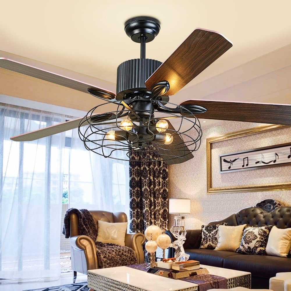 Deckenventilator Licht Mit Beleuchtung Fernbedienung Dimmbar E27 Fan Deckenleuchte LED Kronleuchter Loft Lüfter Deckenlampe Retro Industrie Stumm Leise Wohnzimmer Schlafzimmer Esszimmer Timing