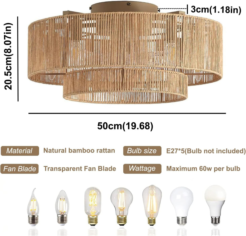 KZT Rattan Deckenventilator mit Beleuchtung und Fernbedienung E27 Deckenleuchte mit Ventilator Retro Boho Bambus Gewebt Lampe mit Ventilator Schlafzimmer Wohnzimmer Deckenventilator mit Licht Ø50CM