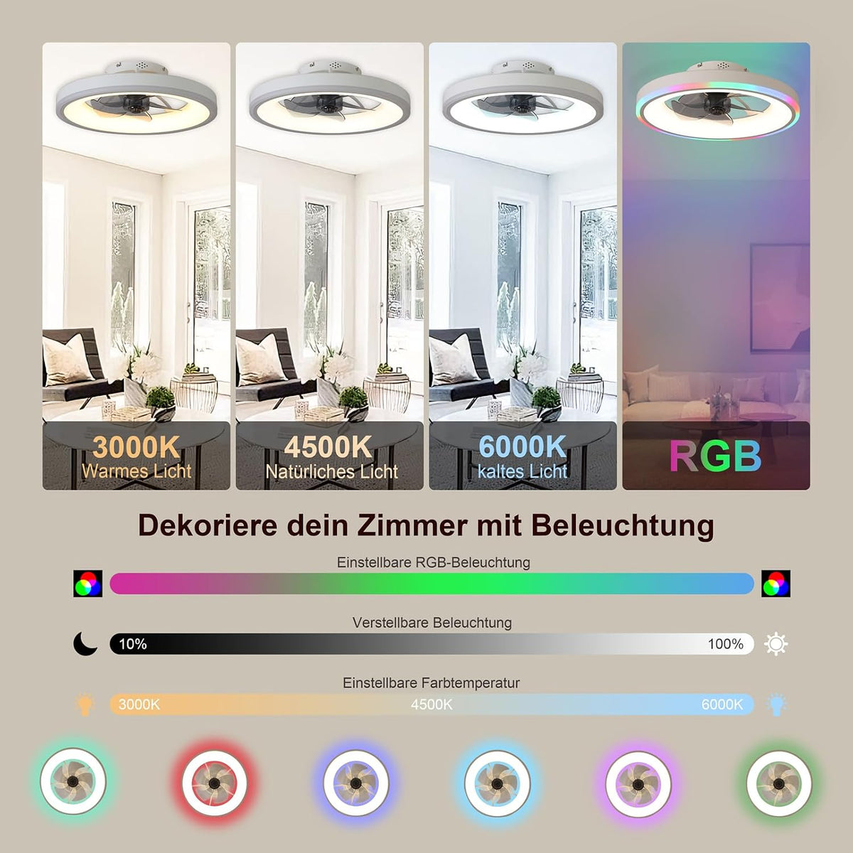 60CM Deckenventilator mit Beleuchtung, RGB Deckenventilator mit Licht und Fernbedienung, Leise Deckenlampe mit Ventilator, 6 Geschwindigkeiten, Dimmbare, Timer, für Schlafzimmer, Weiß