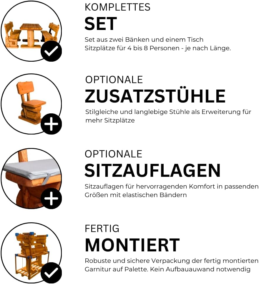 Mega Holz Gartengarnitur Rustikal Pinie Lasiert 200 cm - Aus heimischer Kiefer - Fertig montierte Sitzbank für Terrasse, Garten & Balkon mit Rückenlehne - Zeitloses Design, wetterfest & pflegeleicht