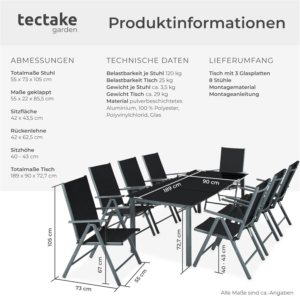 tectake® Aluminium Sitzgruppe 8+1, Gartenmöbel Set mit Stuhl und Tisch, klappbare Gartenstühle, Gartentisch mit Sicherheitsglas, wetterfeste Terrassenmöbel, für Garten Terrasse Balkon - anthrazit