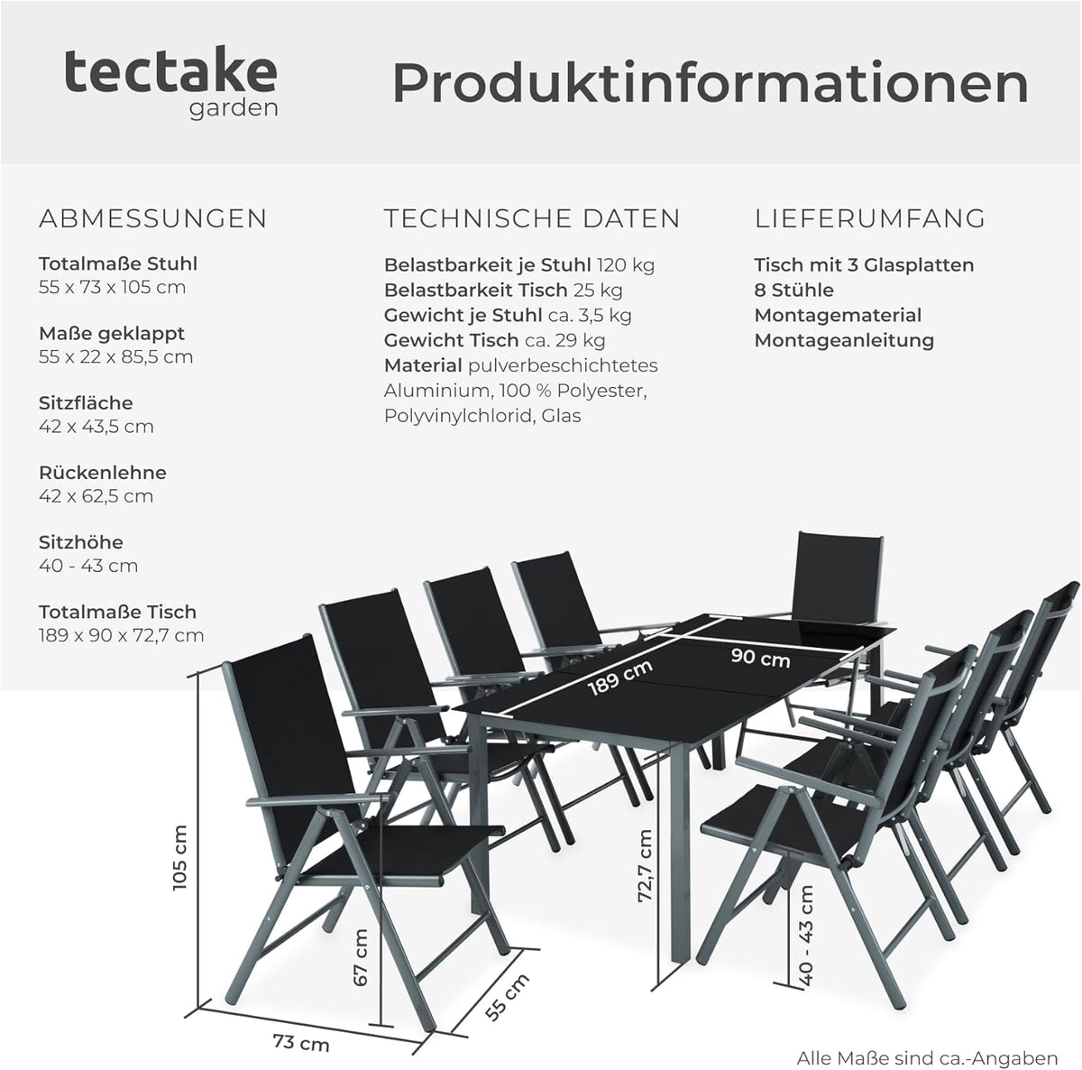 tectake® Aluminium Sitzgruppe 8+1, Gartenmöbel Set mit Stuhl und Tisch, klappbare Gartenstühle, Gartentisch mit Sicherheitsglas, wetterfeste Terrassenmöbel, für Garten Terrasse Balkon - anthrazit