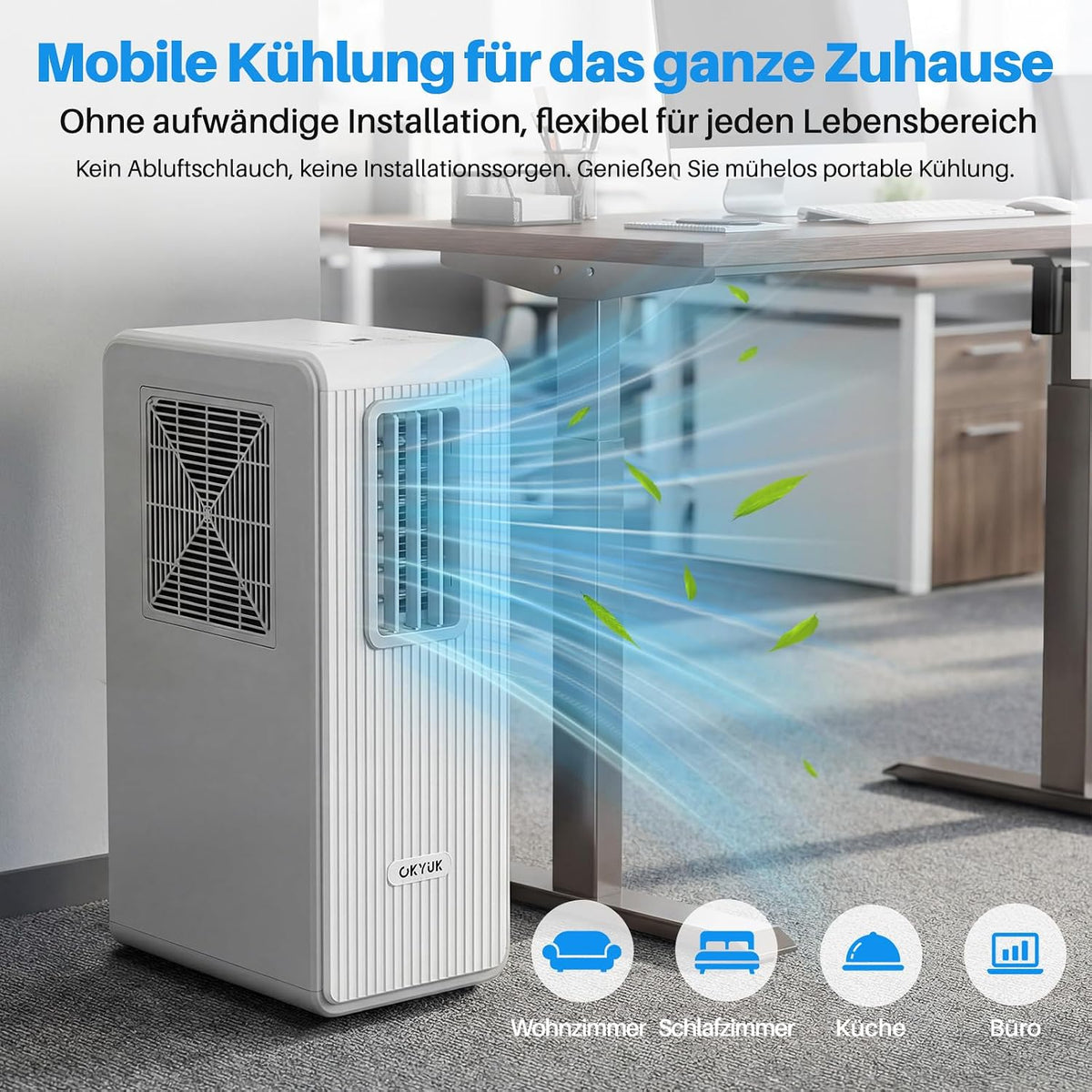 OKYUK Mobiles Klimagerät, 200W Energiesparend, R290 Umweltfreundliches Kältemittel, 3‑in‑1 Klimaanlage, Luftentfeuchter, Ventilator Ventilieren Leise