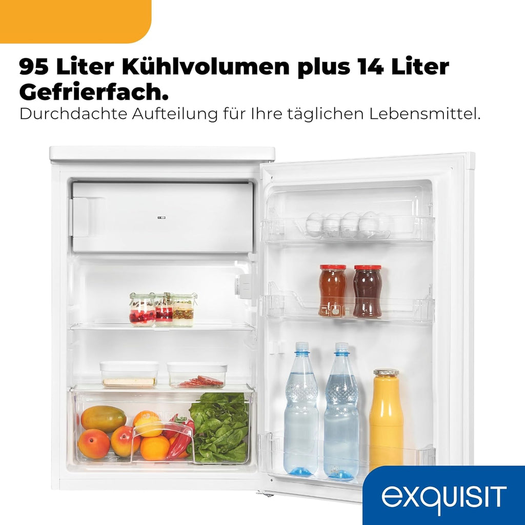 Exquisit Kühlschrank mit Gefrierfach 109 l Nutzinhalt, Energieklasse E, 40 dB(A) kompakte Bauform, 4-Sterne-Gefrierfach, LED-Beleuchtung, manuelle Abtauung KS516-4-E-040E weiss