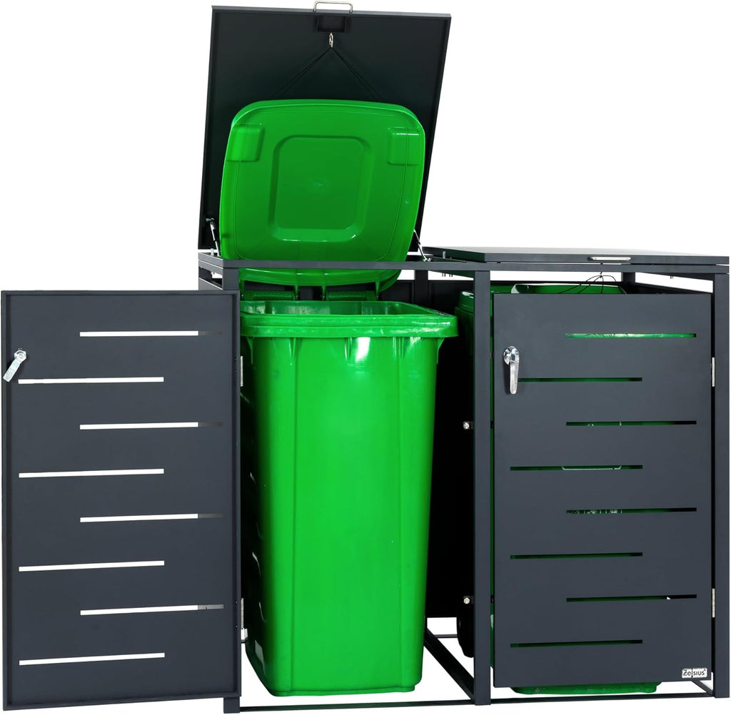 Zelsius Edelstahl Mülltonnenbox 4 Tonnen | 120-240 Liter | Anthrazit RAL 7016 | inkl. Erweiterungsmöglichkeit | Garten Müllhaus, Mülltonnenbox 4er, Aufbewahrungsbox für Mülltonnen