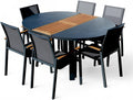 ALEOS. Gartengarnitur Gartenset Aluminium Teak Set mit rundem Ausziehtisch 120cm auf 160cm ausziehbar + 6 Stapelstühle anthrazit Trinidad
