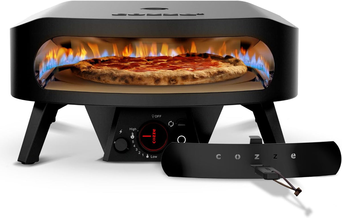 Cozze® 17" Pizzaofen Gas Schwarze Edition mit rotierender Pizzastein Ø43 cm - 600°C, Pizza in 2 Minuten