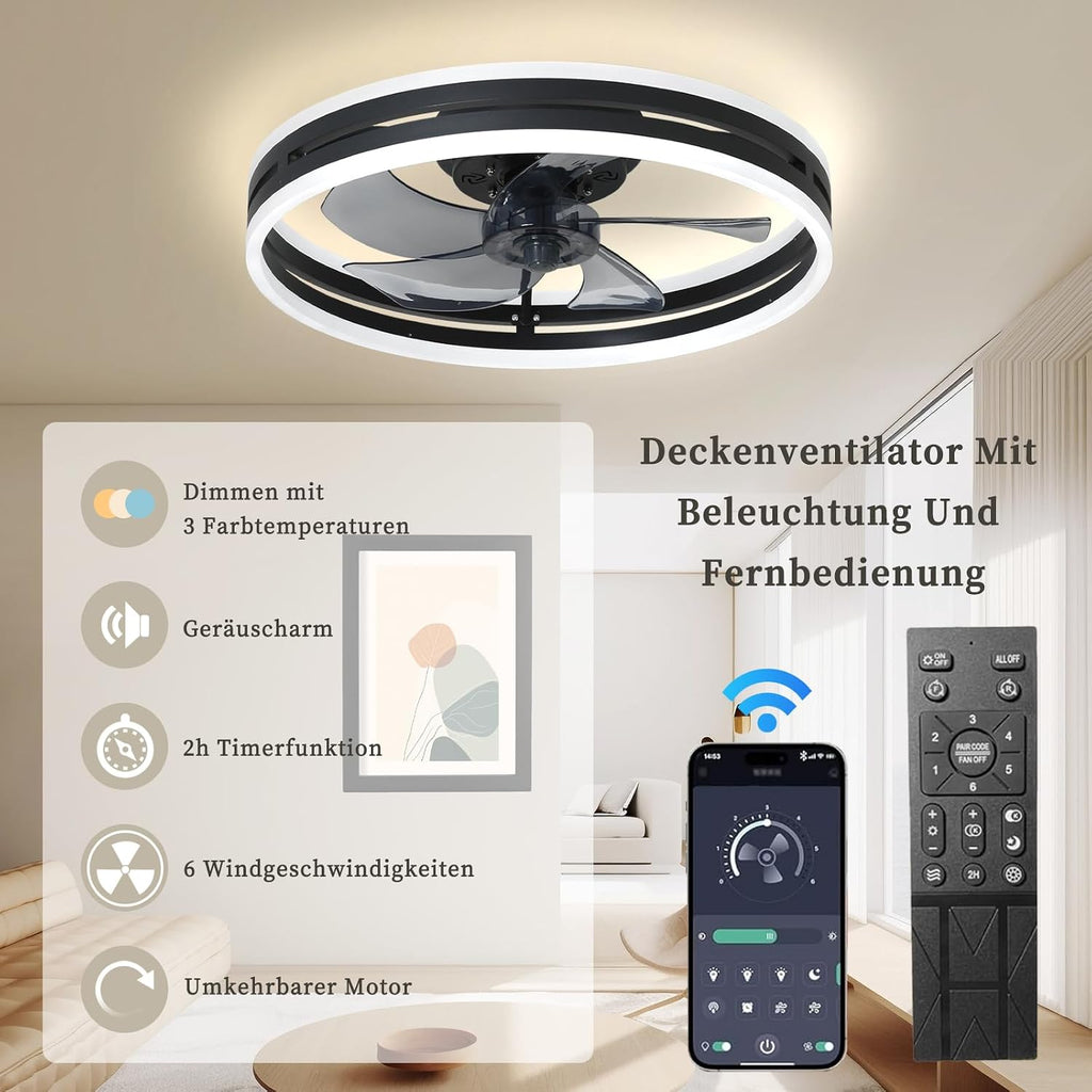 Leise Deckenventilator Mit Beleuchtung 50W Dimmbare Deckenleuchte Mit Fernbedienung Und APP 6 Geschwindigkeiten Lampe Mit Ventilator Timer Schlafzimmer Wohnzimmer Licht Schwarz,40cm