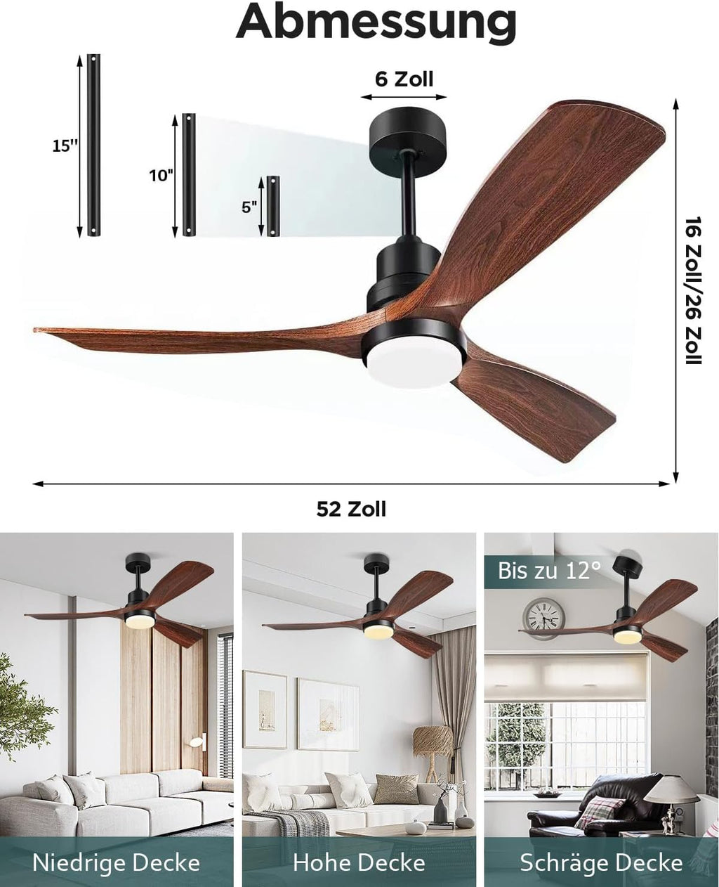 Deckenventilator mit Beleuchtung und Fernbedienung, Leise DC Motor, 132 cm/52 Zoll, 3 Holz Flügeln, Timer, 6 Geschwindigkeiten, ETL-gelistet, Sommer Winterbetrieb für Schlafzimmer