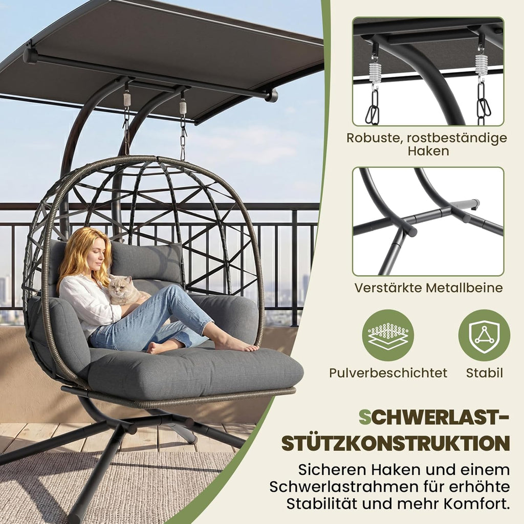 UDPATIO Hängesessel Outdoor mit Gestell, Hängeschaukel mit Sonnendach & Fußablage, Hängestuhl bis 280KG für 2 Personen, Verstellbare Kuppel & Dicke Kissen, Schaukel Sessel Garten, Balkon, Grau