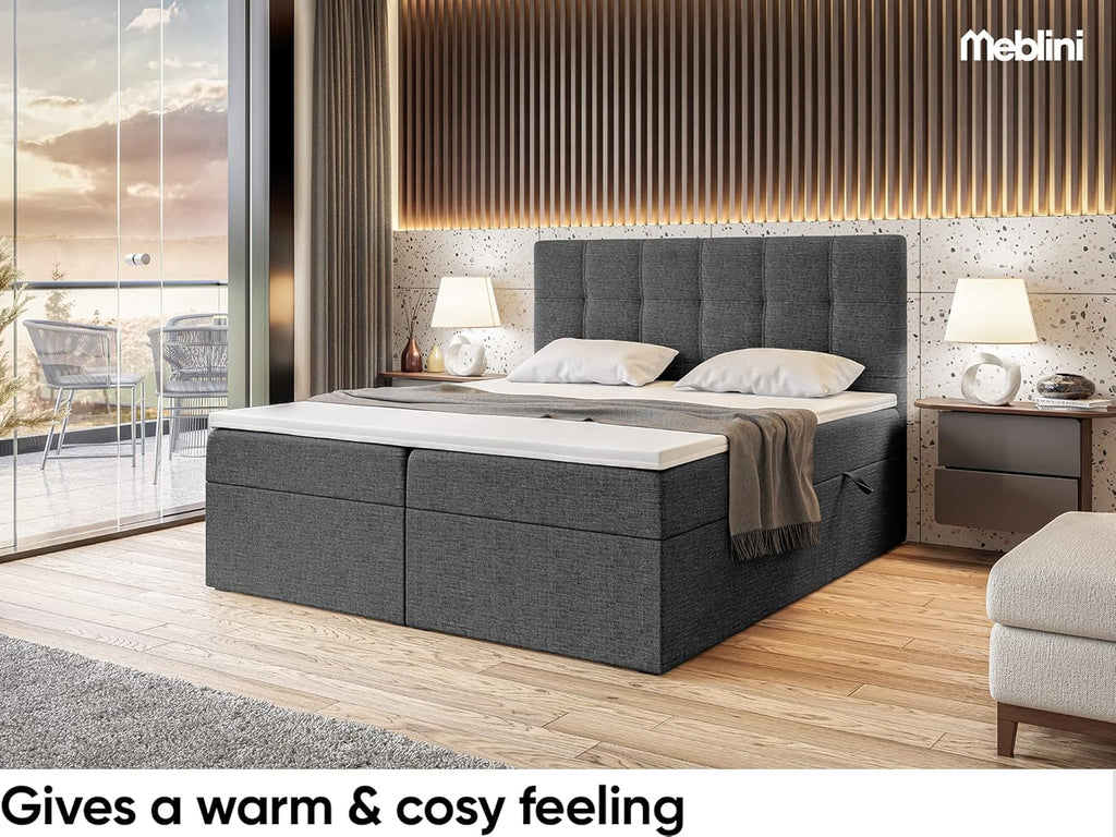 MEBLINI Boxspringbett mit Bettkasten - Gepolstert Doppelbett mit Matratze und Topper - Polsterbett mit Stauraum - Bett mit Kopfteil - Stauraumbett - NILS - 140x200 - H3/Dunkelgrau Webstoff