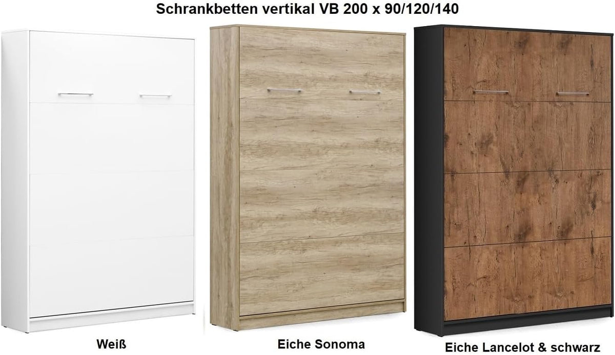 Schrankbett Wandbett Wandklappbett vertikal VB 140x200 mit Lattenrost und 2 Schränken weiß, Eiche Sonoma Lancelot schwarz Schlafzimmer Set neu (Weiß Hochglanz (Fronten))