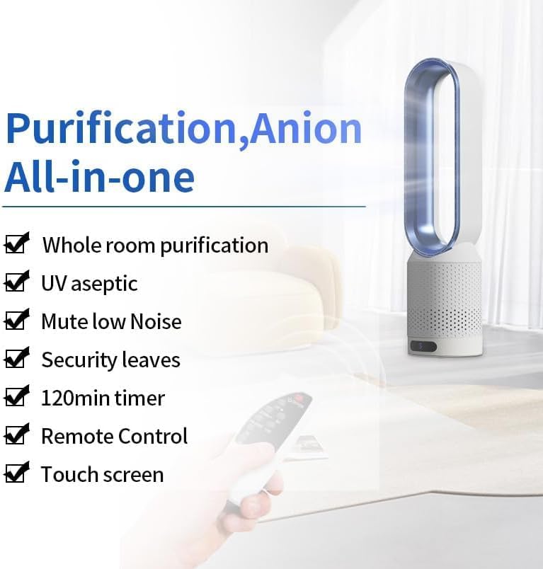 Ventilator ohne Schaufel, leiser Säulenventilator, 90° Oszillation und 8 Geschwindigkeitsstufen, Ventilator ohne Flügel, mit Fernbedienung und Touchscreen, Luftreinigung, für Schlafzimmer (blau)