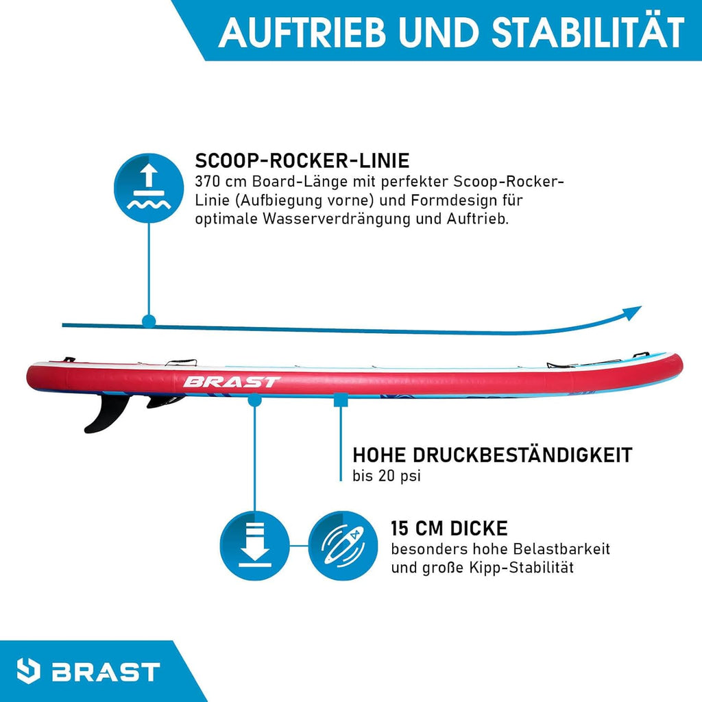 BRAST SUP Board Family | Aufblasbares Stand up Paddle Set XXL | 370x87x15cm bis 210kg | 7 Designs | inkl. Zubehör 2X Kajak-Sitz 2X Fußschlaufe 2X Paddel Pumpe Rucksack