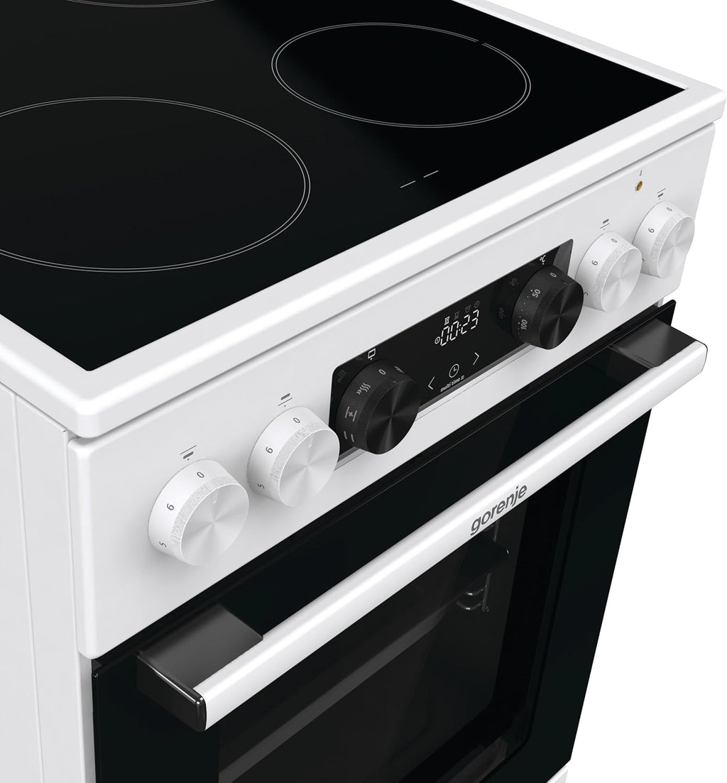 Gorenje GEC5C43WGAMZ Elektro-Standherd mit Glaskeramik-Kochfeld / 50 cm / 70 Liter/Schnellaufheizung/Pizzamodus 300°C/Auftauen/AquaClean/Ergonomische Knebel/ 8 Beheizungsarten/weiß