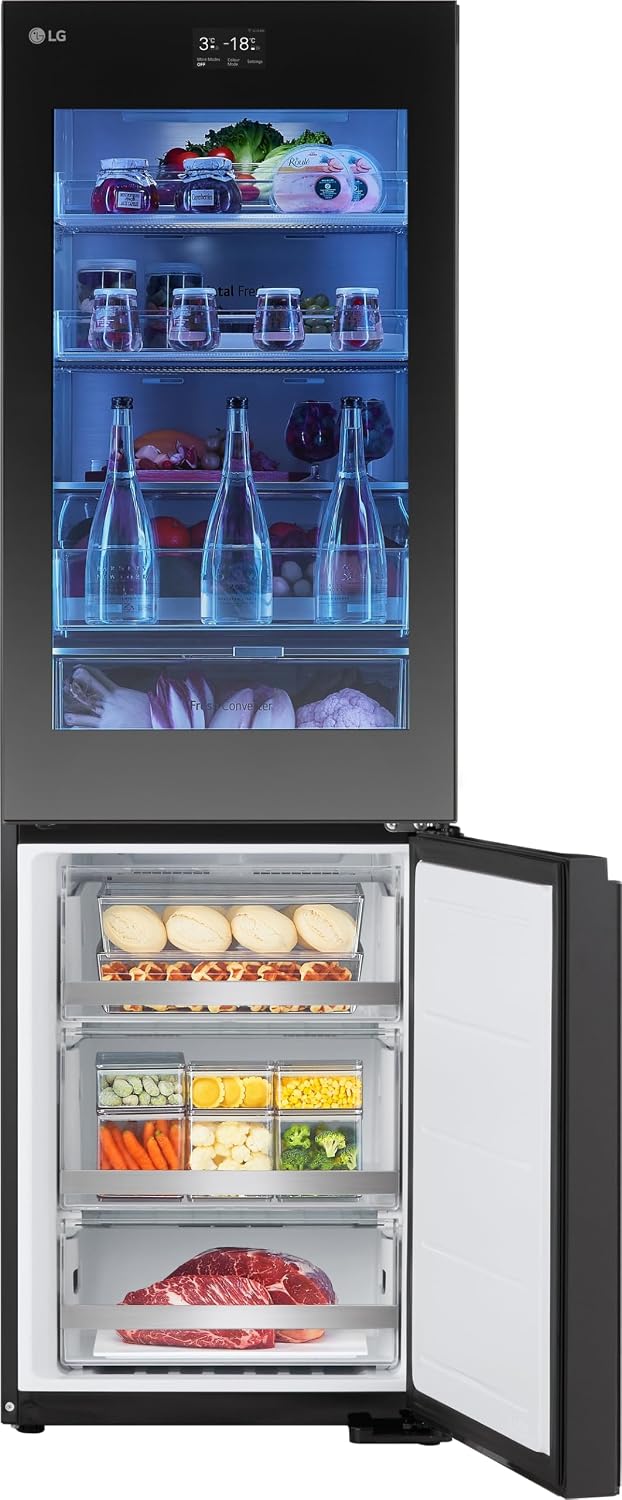 LG GBG7190CEV, Klasse C, 349 L, Kühl-Gefrierkombination mit Instaview und LED, Touch LCD Display, einstellbarem Farbwechsel, Total NoFrost, DoorCooling+, 59.5 x 67.6 x 186cm ꟷ Essence Black Steel