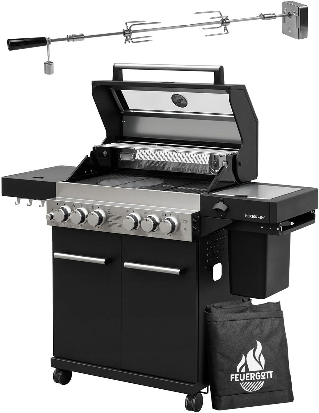 Gasgrill Hektor 4B-S inkl. Drehspieß und Abdeckhaube mit 4 Brennern, Sear-Brenner, Gusseisen-Grillrost, Heckbrenner, Seitenkocher, Sichtfenster und Thermometer für Garten und Terrasse
