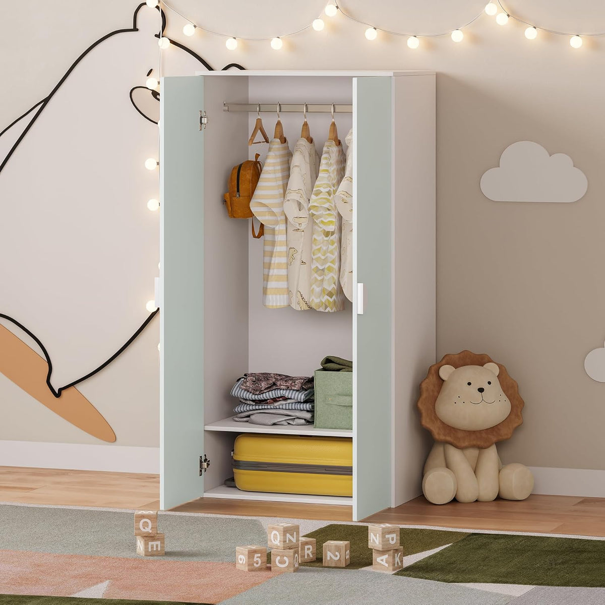 [en.casa] Kinderkleiderschrank Sandnes Garderobenschrank für Kinder 123 x 60 x 40 cm Kleiderschrank Kinderzimmer mit 2 Türen 1 Kleiderstange 1 Ablagefach Kinderschrank Weiß/Mintgrün