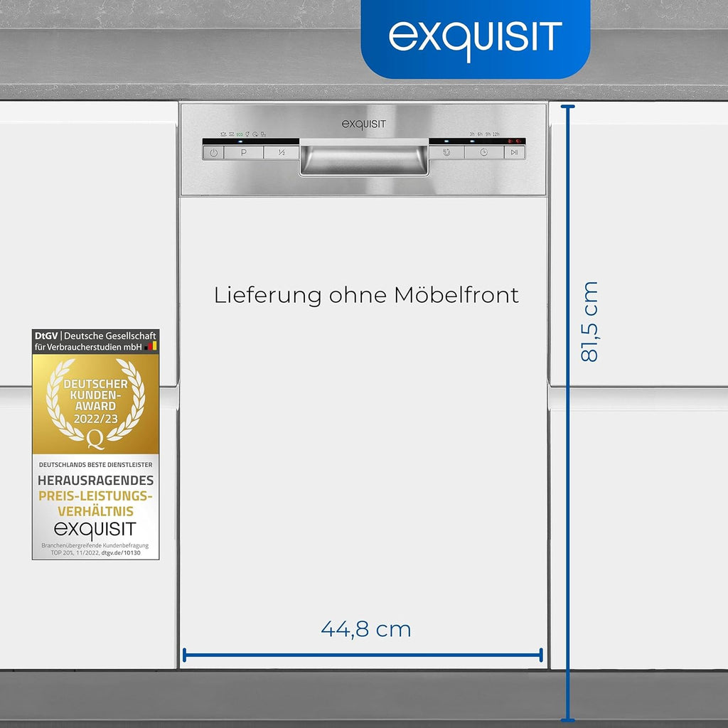 Exquisit Geschirrspüler, Spülmaschine, 45 cm Breite, Teilintegriert, 9 Maßgedecke, 9 Liter, Startzeitvorwahl, ECO-Modus, Geschirrspüler 45 cm, EGSP51009-EB-030E inox