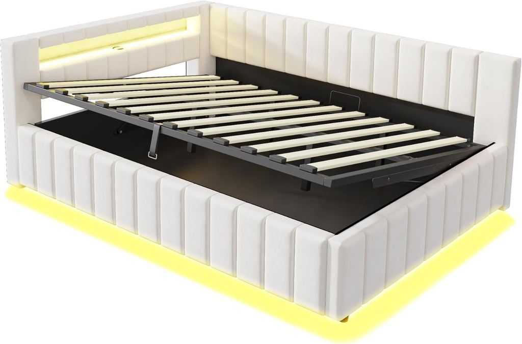 Polsterbett Schlafsofa 140x200, Doppelbett mit Hydraulischem Stauraum, mit LED-Licht und USB-Ladefunktion, Tagesbett Jugendbett mit Lattenrost, Samtstoff, ohne Matratze (Beige)
