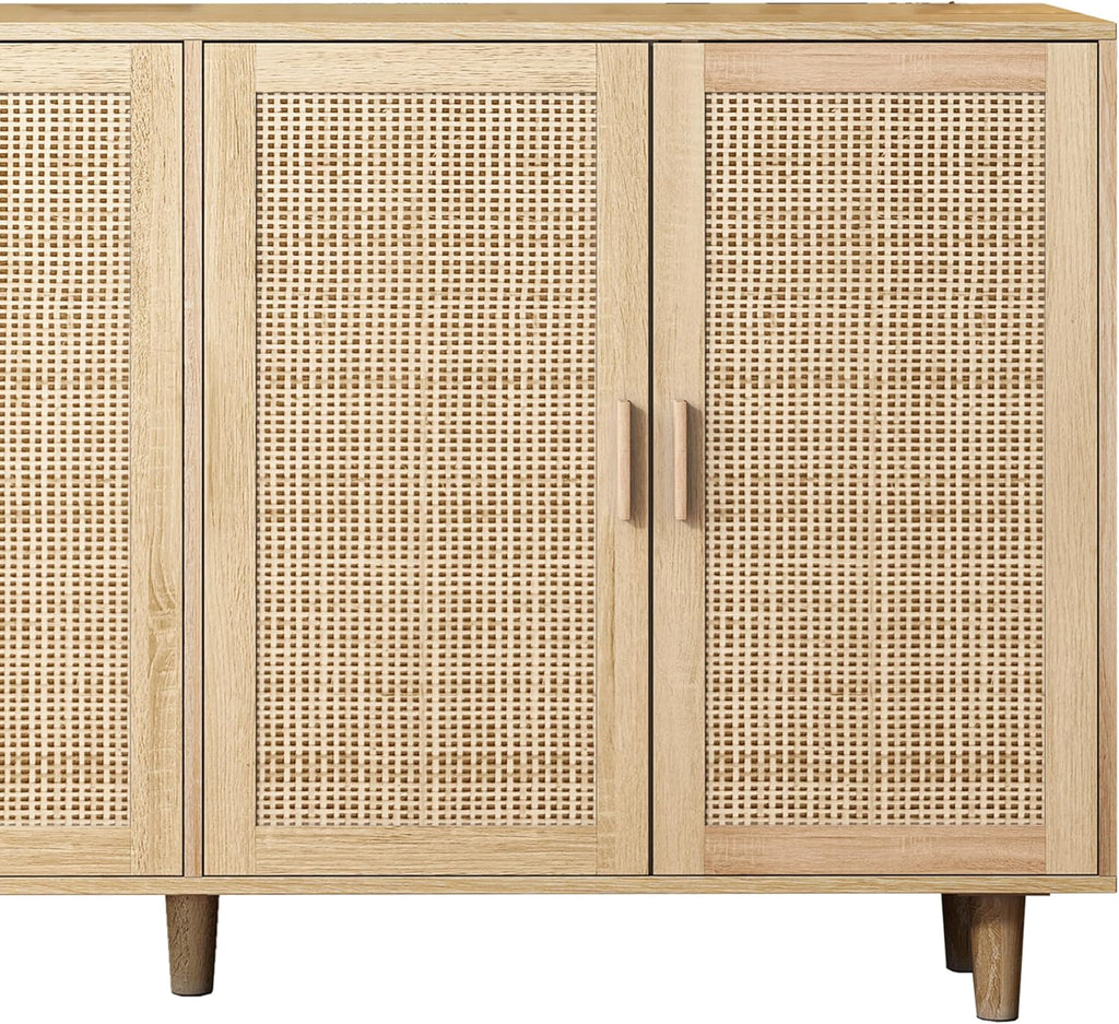 Sideboard mit verstellbaren Ablagen, Modernen Kommode mit 4 Türen, Rattan TV-Tisch mit viel Stauraum für Esszimmer, Wohnzimmer & Schlafzimmer, 158x40x88cm, Easy Assembly Holzfarbe (Holzfarbe)
