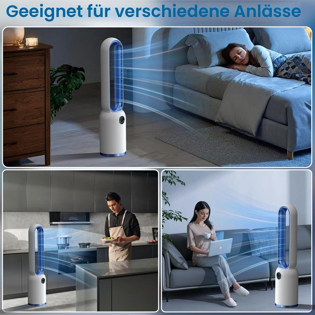 Turmventilator ohne Flügel 88cm – geräuschloser Standventilator mit 55W Motor, LED-Touchscreen & Fernbedienung, 12-Stunden-Timer, 90° oszillierend für Schlafzimmer & Büro (blau)