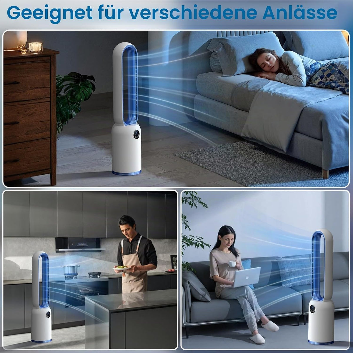 Turmventilator ohne Flügel 88cm – geräuschloser Standventilator mit 55W Motor, LED-Touchscreen & Fernbedienung, 12-Stunden-Timer, 90° oszillierend für Schlafzimmer & Büro (blau)