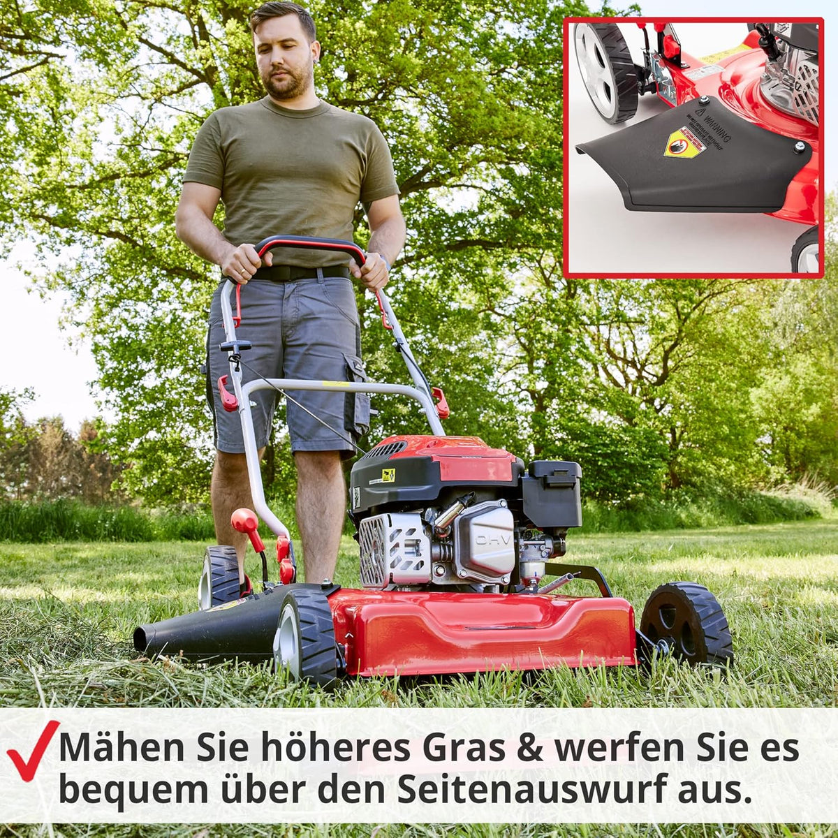 HECHT Benzin Mulchrasenmäher – Benzinrasenmäher mit Mulchfunktion und Seitenauswurf – 51 cm Schnittbreite – HECHT 4 Takt Motor – ohne Fangkorb – Mulchen mit dem Rasenmäher Profi
