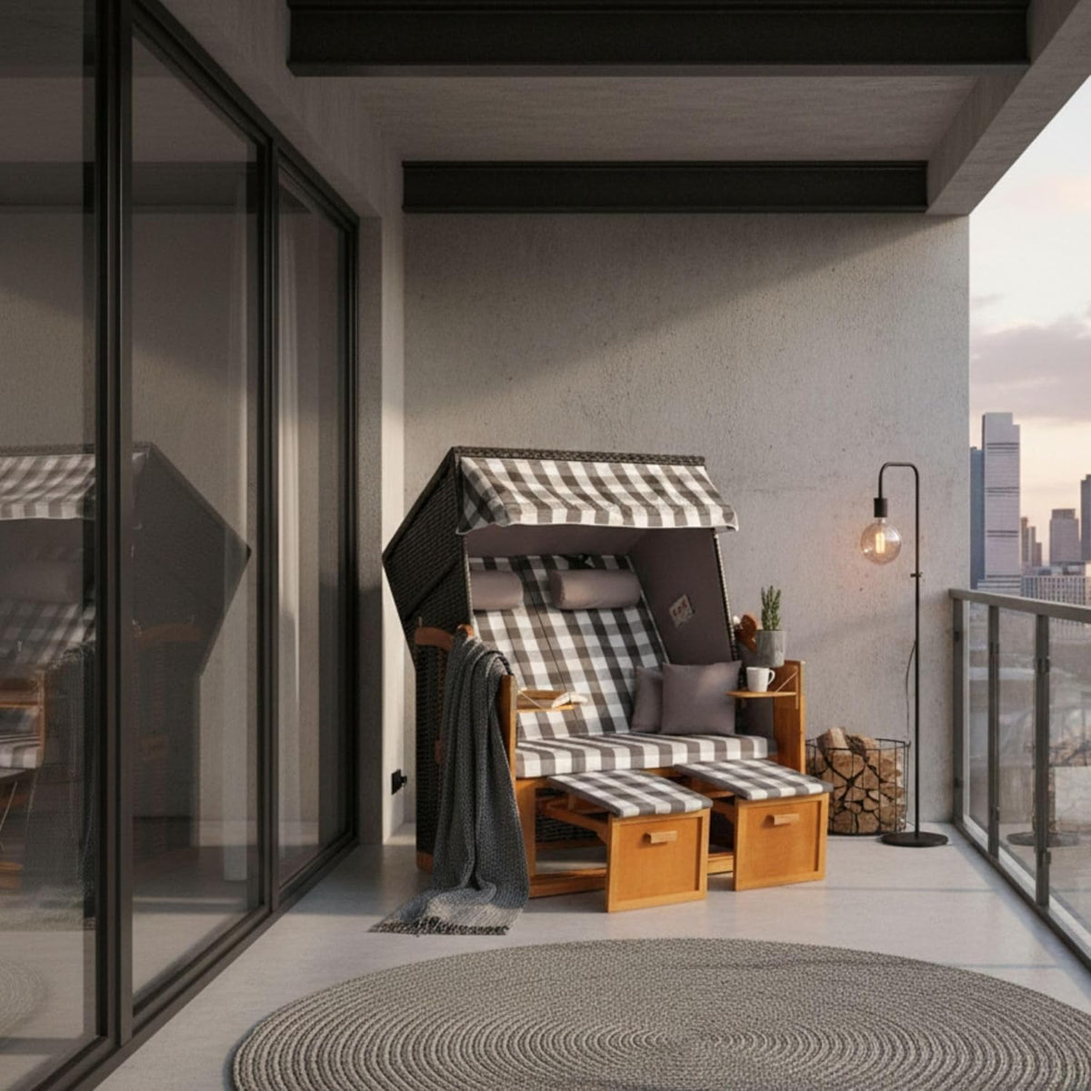 Strandkorb Ostsee Wacholder PE Schwarz | 2 Sitzer wetterfest | Volllieger Hartholz Zweisitzer | Roofed Wicker Beach Chair Garten | Strandkörbe Balkon | Strandstuhl (Dessin Grau Kariert)