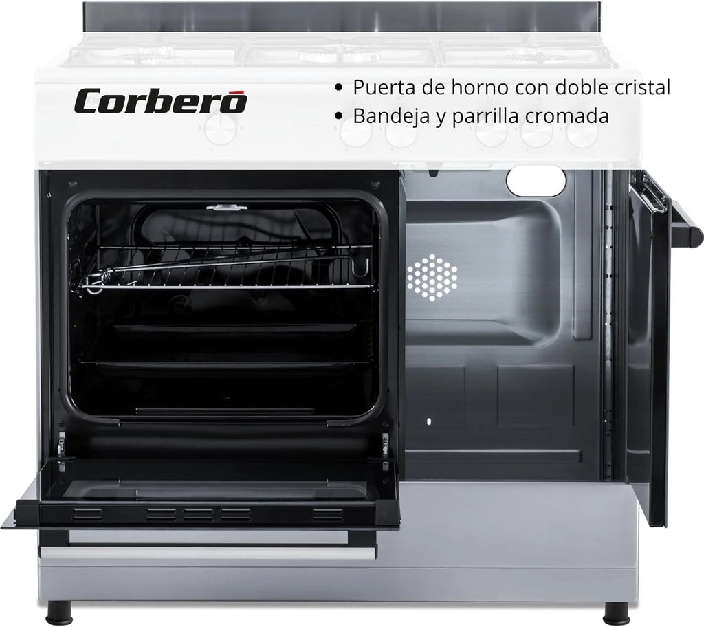 Corbero - Cocina de gas butano 5 fuegos | CC510GB90X | 80x90x60 | Horno de 60L con puerta doble | Wok en medio| Encendido Manual | Cajón calientaplatos| Bandeja y parrilla cromados |Con tapa| Inox