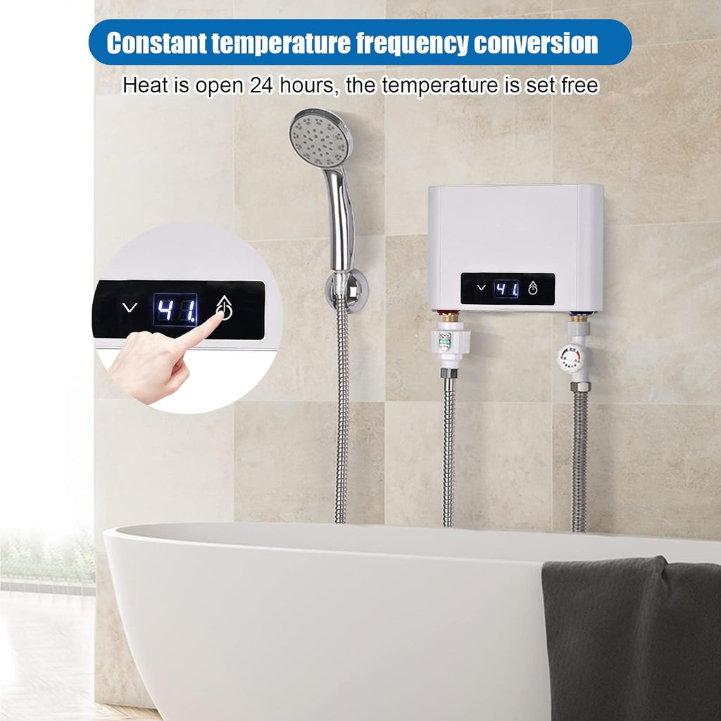 Elektronischer Durchlauferhitze Dusche, 220V elektrische Warmwasserbereiter Temperaturwahl 30-52 °C mit Bad Dusche Kit, für Handwaschbecken, Küche, Bad, Waschbecken (5500W mit Duschset, Weiß)