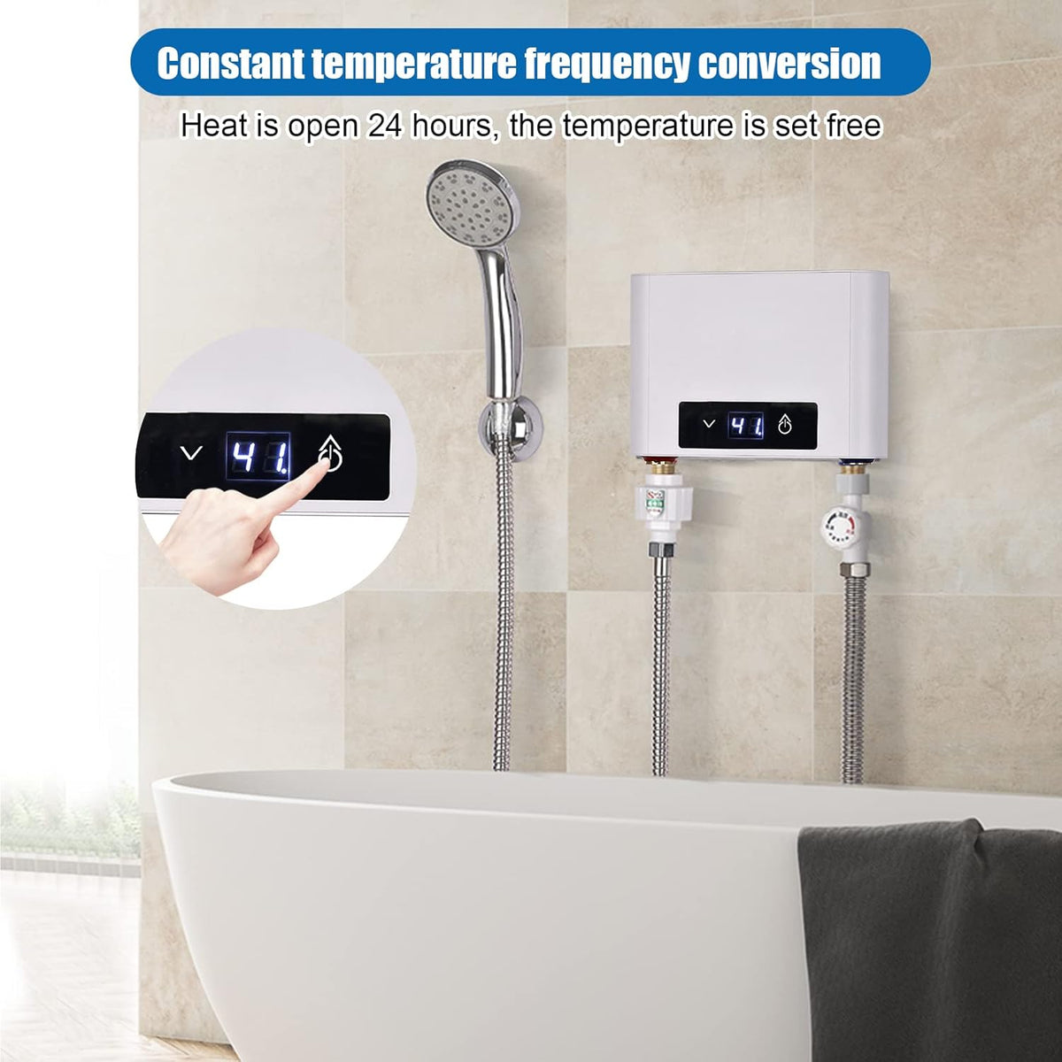 Elektronischer Durchlauferhitze Dusche, 220V elektrische Warmwasserbereiter Temperaturwahl 30-52 °C mit Bad Dusche Kit, für Handwaschbecken, Küche, Bad, Waschbecken (5500W mit Duschset, Weiß)