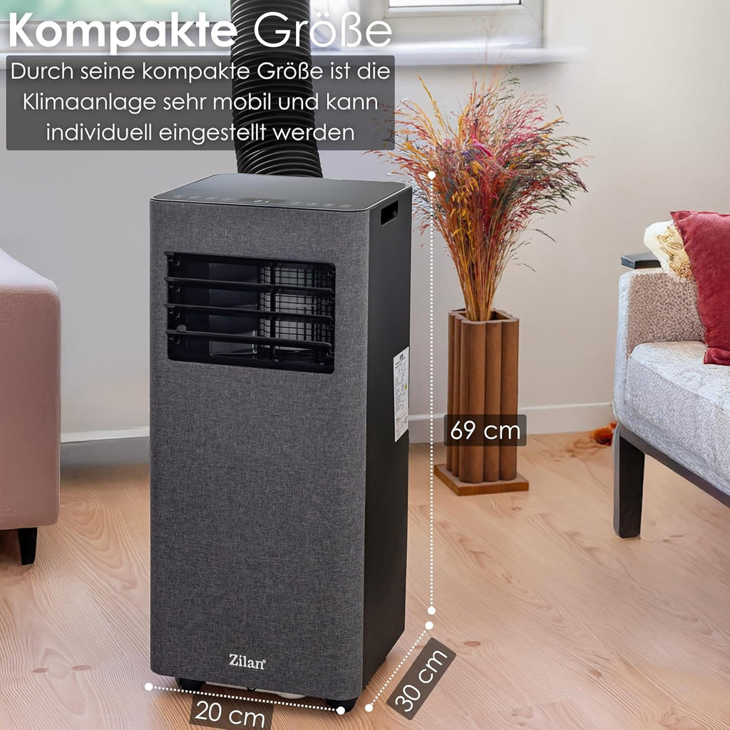 Zilan Mobile Klimaanlage 9000 BTU mit WLAN & Abluftschlauch, 3-in-1 Mobiles Klimagerät – Kühlen, Entfeuchten & Ventilator, leise, inkl. Fensterabdichtung & Fernbedienung, Timer, Wifi App-Steuerung