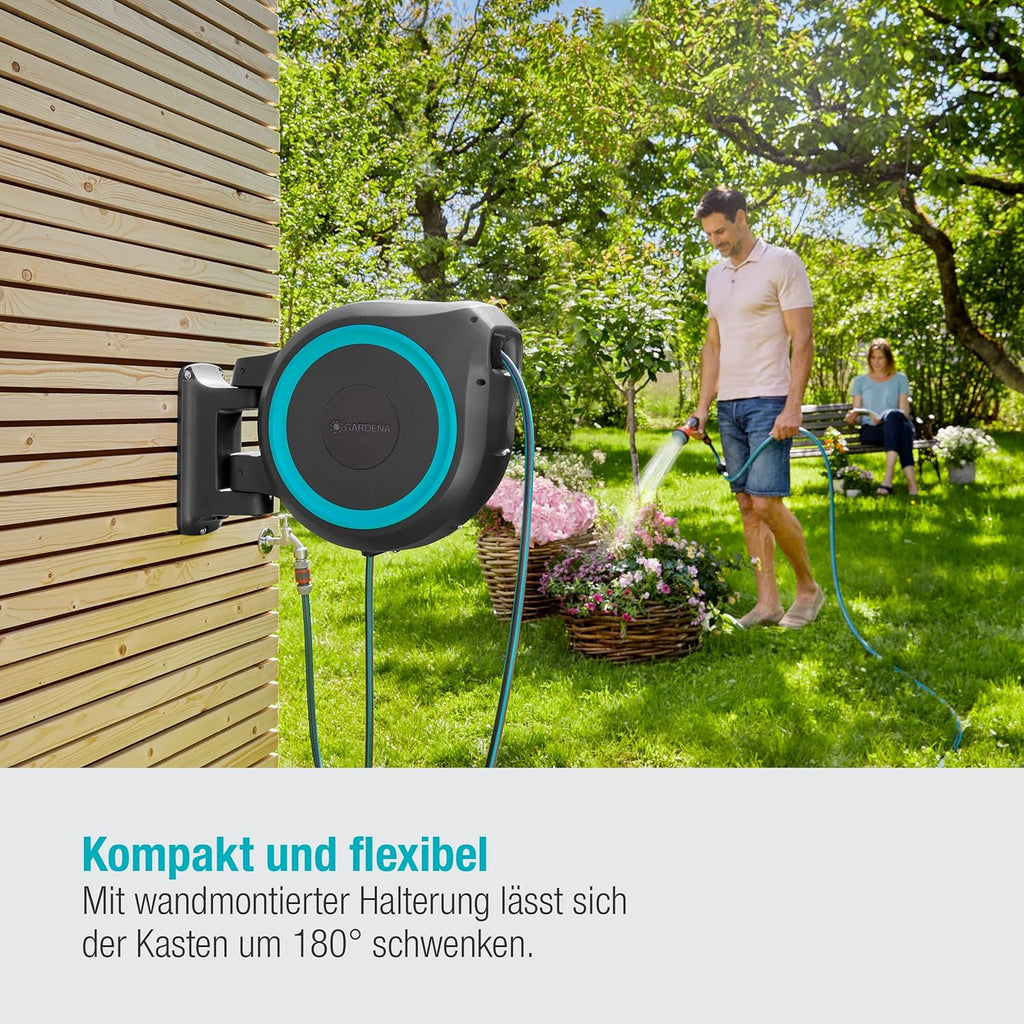 Gardena Wand-Schlauchbox RollUp XL (türkis) 35 m: flexible Bewässerung für große Gärten, Schwenkbare Schlauchbox, inkl. 35 m Gardena Qualitätsschlauch und Montagehilfe (18630-20)