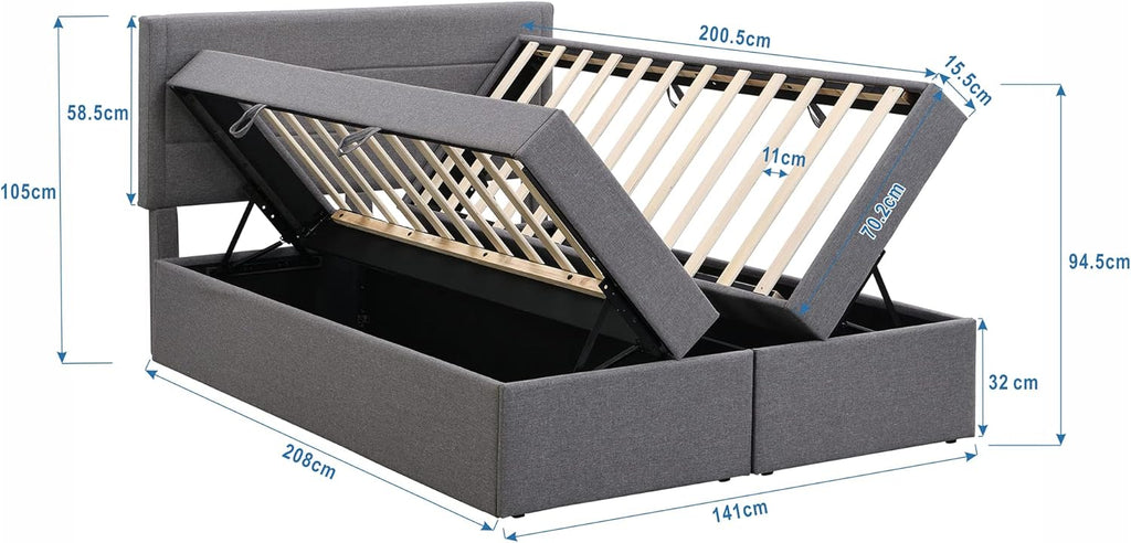 Boxspringbett 140x200 mit Bettkasten, Doppelbett Polsterbett mit Lattenrost, Bett, Betten, Bettgestell mit Stauraum, Schlafzimmer Komplett, Stauraumbett (Grau, Doppelbett 140x200), TkopyBed0615
