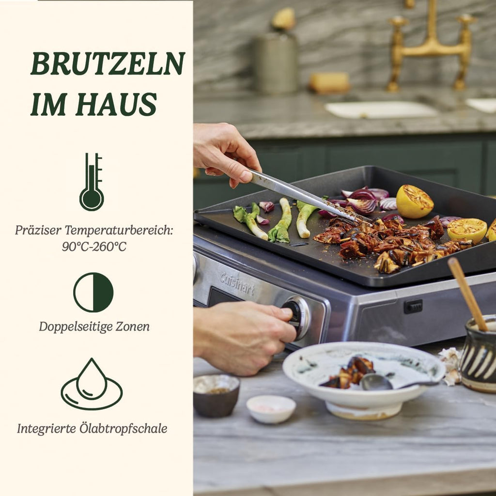 Cuisinart Hot Plate Entertaining Grill & Griddle | XL Elektrischer Plancha Grill, Teppanyaki Grillplatte für zu Hause | Antihaftbeschichtete abnehmbare Platte, 2-Zonen-Temperaturregelung bis zu 260°C