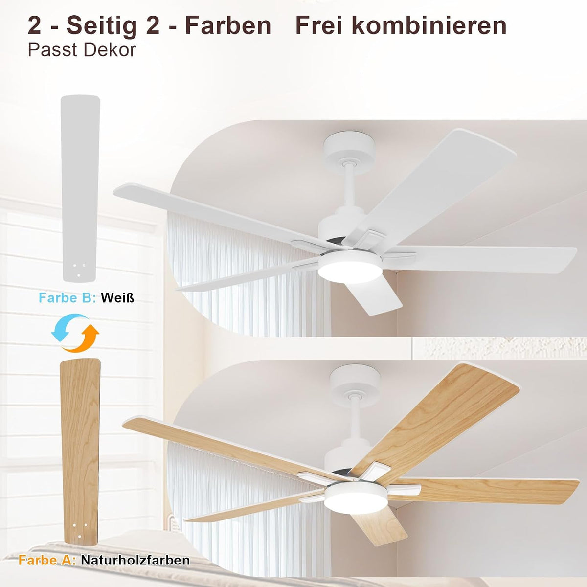 Comely Deckenventilator mit Beleuchtung, DC, 132cm, 3 Farbtemperatur, Deckenlampe mit Ventilator mit 6 Geschwindigkeiten, Sommer Winterbetrieb Deckenventilator mit Licht für Schlafzimmer, Naturholz